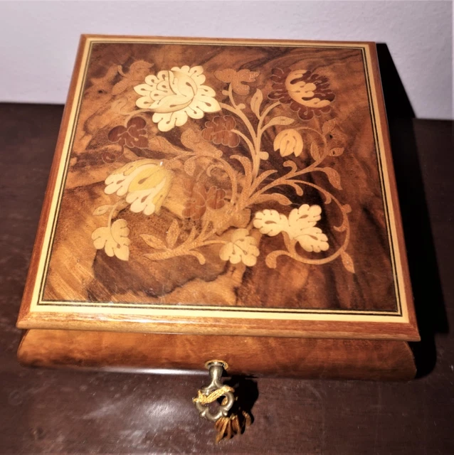 Vtg Reuge Inlaid Wood MUSIC Jewelry Box Swiss Musical Movement "Carousel waltz"