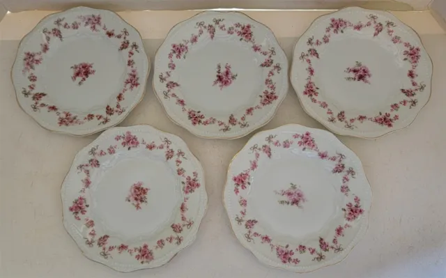 5 Vintage Silesia White Porcelain Pink Flowers 6 1/4" Bread & Butter Plates