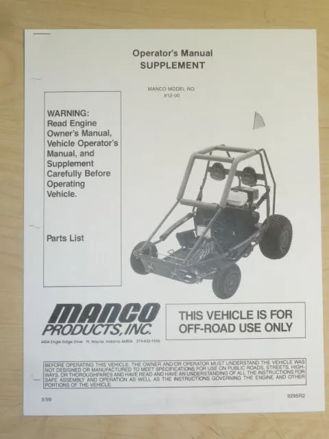 Manco Model 812-00 Go Kart Parts List Operators Manual Cart