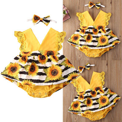 Newborn Infant Baby Girls Sunflower Outfits Sleeveless Tops Dress Romper Clothes