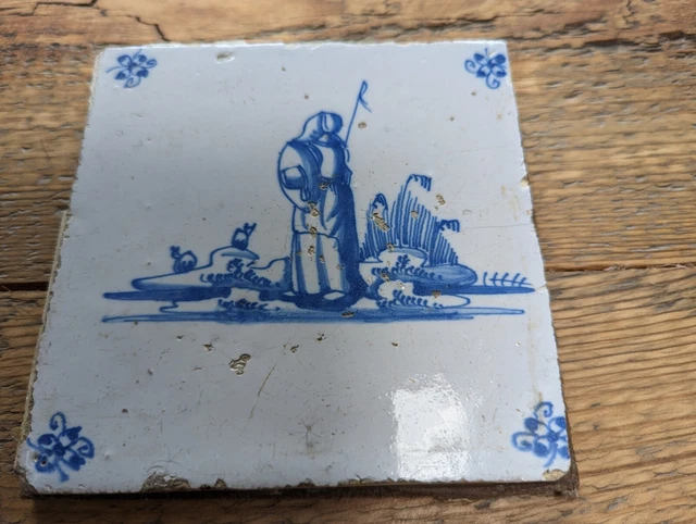 18thC blue Delft tile, shepherdess with sheep & crook, antique, VGC for age