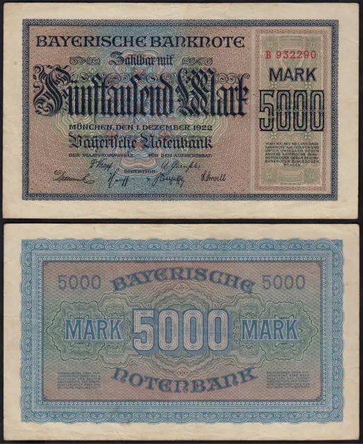 Bayern - Bavaria - 5000 Mark Banknote Notenbank Notgeld 1-12-1922 VF   (14834