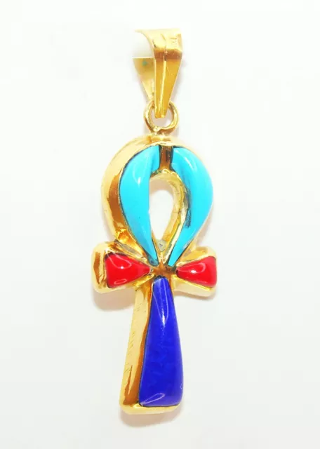 Egyptian Ankh Cross Key of Life Pendant Handmade Colored 18K Yellow Gold 2.1 Gr