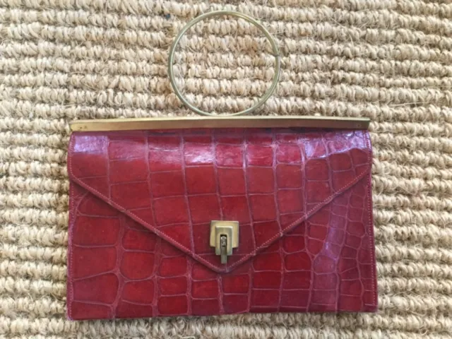 Vintage Ladies Art Deco 1920’s Leather Moc Croc Handbag