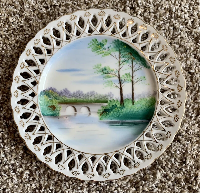 Ucagco China Reticulated Country Scene Lake Plate Made in Japan 7.25” Gold Trim