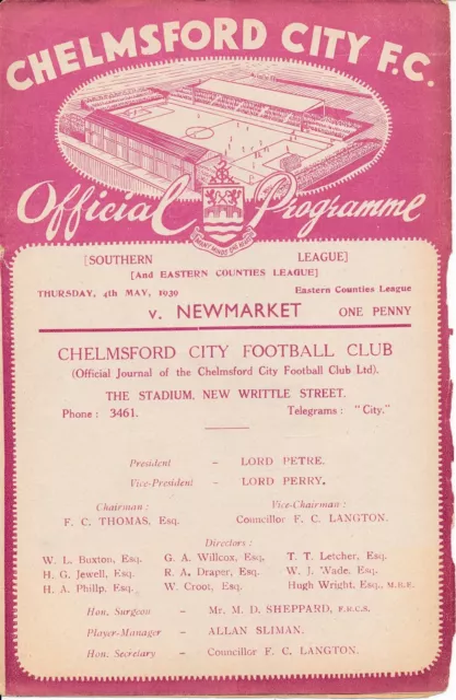 Chelmsford City v Newmarket Eastern Counties League 1938/1939 PRE-WAR programme