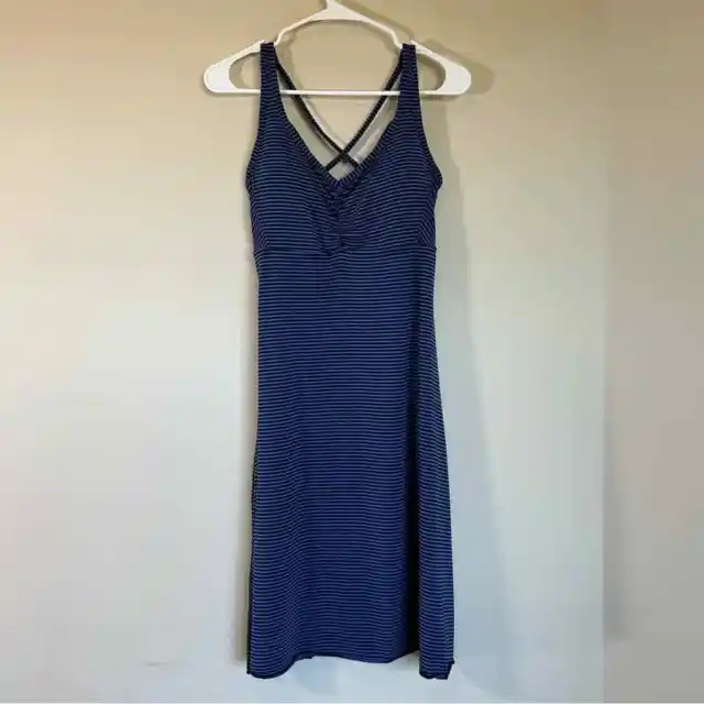 Prana Rebecca Dress Cross Strap Back Striped Built In Inner Bra med blue stripe