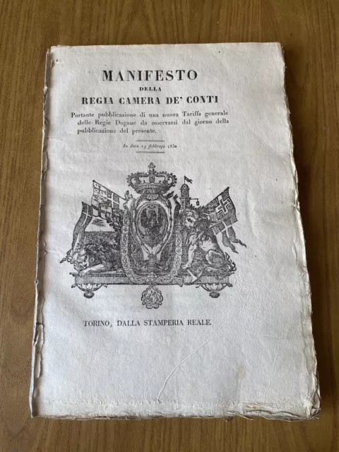 Antico Manifesto Della Regia Camera De Conti Regie Dogane Torino 1830 B