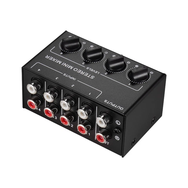 Mini Audio Mixer RCA Inputs Output 4 Channel Stereo Dispenser Small Mixer for