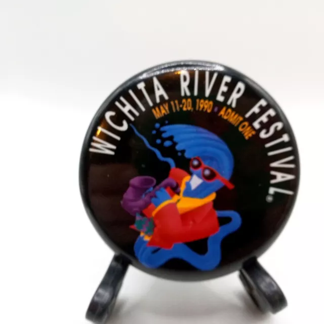 Wichita River Festival Pin Pinback Button 1990 Saxophone Player RiverFest Fest