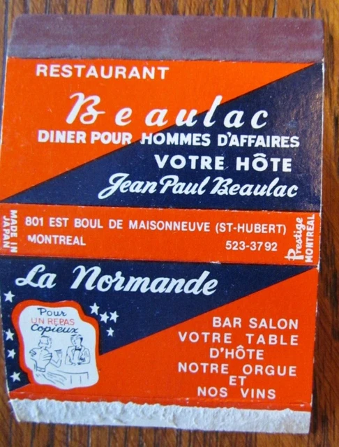 Matchbox Cover: Beaulac & La Normande Restaurant Montreal, Quebec Matchcover C15