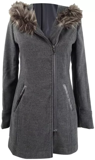 MARALYN & ME Juniors' Faux-Fur-Trim Hooded Coat Dark Gray Size Extra ...