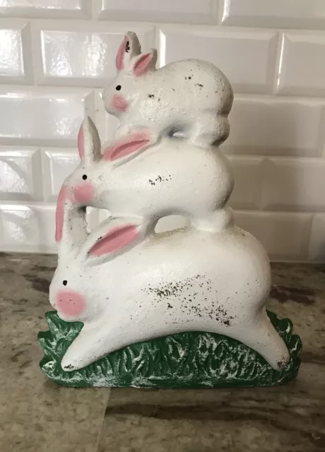 3 Stacked White Bunny Rabbits Vintage Cast Iron Bunny Trio Doorstop Bookend