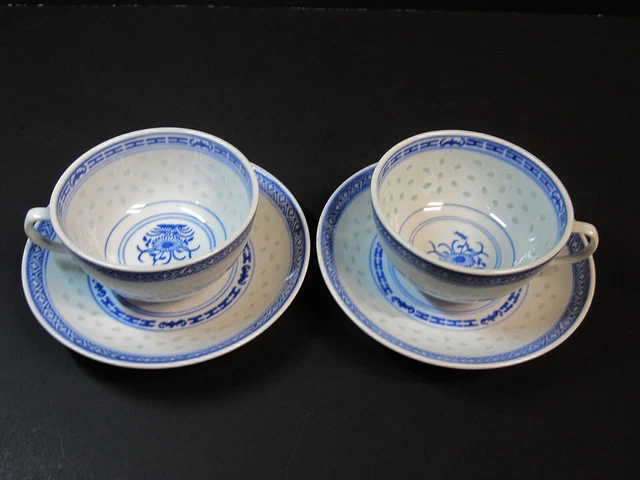 2X Rice Grain Pattern Tea Cup and Saucer Fine Blue & White Porcelain Flower