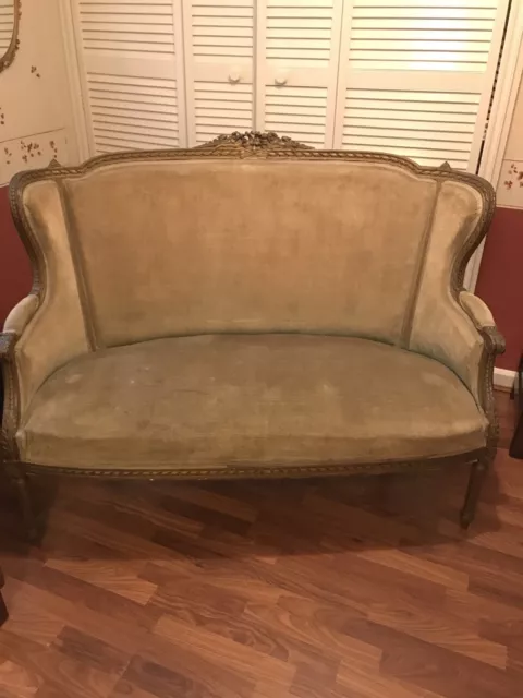 Antique Louis  French Green sofa with gold gilt.  Quality 17th Century Original.