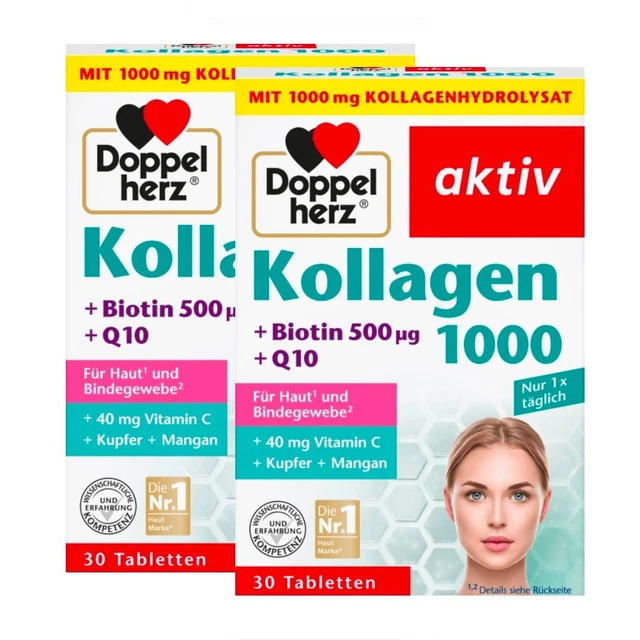 Colágeno de doble corazón 1000 comprimidos 30 unidades x 2 envases con Q10 + biotina