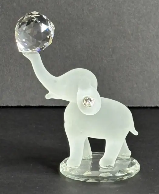 Satin Glass Elephant Figurine Holding Crystal Ball on Trunk