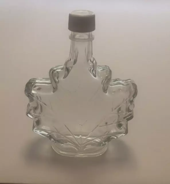 Maple Leaf Shaped Clear Glass Syrup Bottle W/Cap Embossed W/Leaf Veins