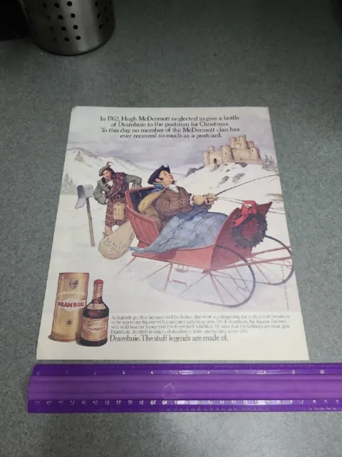 1990 Drambuie Liqueur Print Ad, Scottish Mailman in Sleigh with Christmas Mail