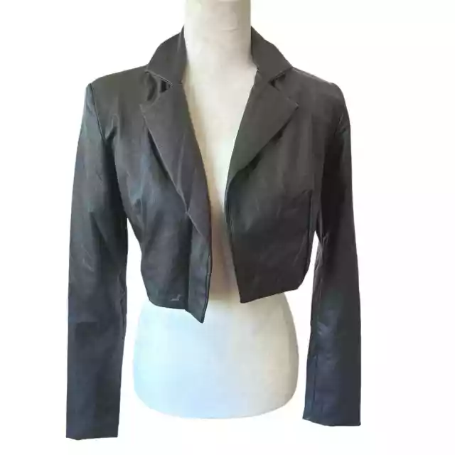 NWOT Naked Wardrobe Womens Brown Faux Leather Cropped Fitted Blazer Size Small