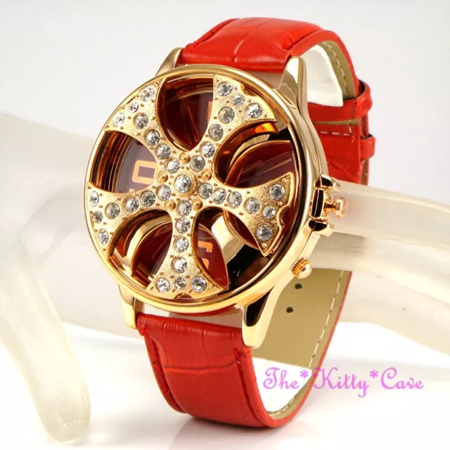 SG Hombre Rojo Cuero Giratorio Girar Rapero Gángster Brillante Oro Cristal Reloj