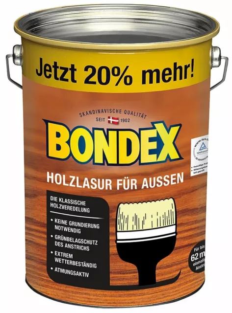 Bondex Holzlasur für Außen, 4,8l für 62,4m², 8 Farben, witterungsbeständig