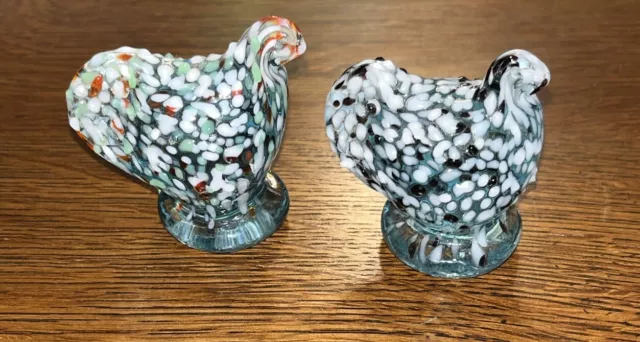 Hand Blown Glass Rooster Chicken Style Stands 2” Tall Blue