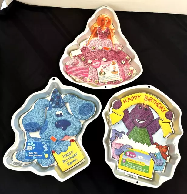 Lot Of 3~Vintage Wilton Cake Pans~Barbie-Blue's Clues-Barney~1990's~Instructions Lot Of 3~Vintage Wilton Cake Pans~Barbie-Blue's Clues-Barney~1990's~Instructions