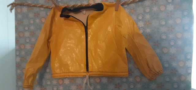 Sears Vintage 4T Yellow Vinyl Oilcloth Zip Up Jacket w/Navy Collar & Drawstring