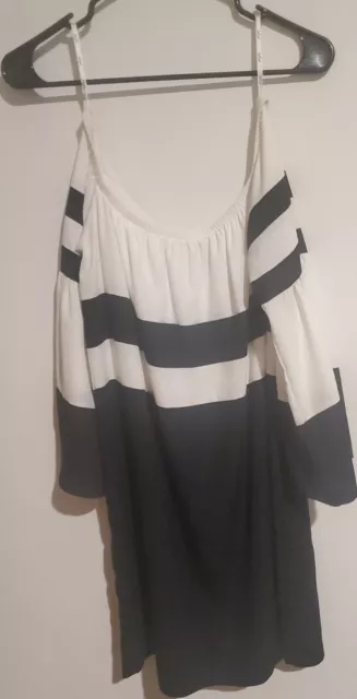 Vava by Joy Han Black/White Striped Bell Sleeve Off the Shoulder Dress Size S.