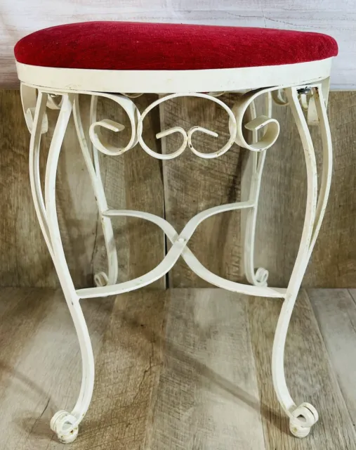 Vintage Wrought Iron Stool / Vanity Chair Fabric Top Red & White 18” H 14” L