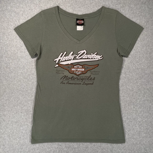 Harley Davidson Jamaica Womens size Large V-Neck T Shirt Top Green Baby Tee