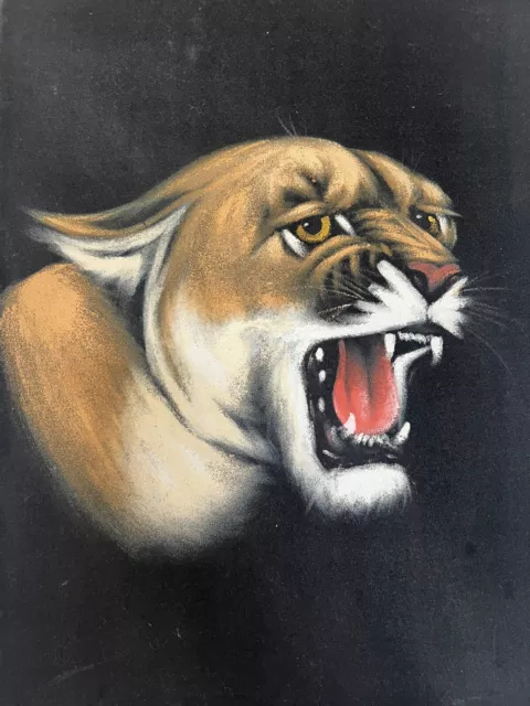 Wild Cougar feline cat old vintage velvet oil painting art