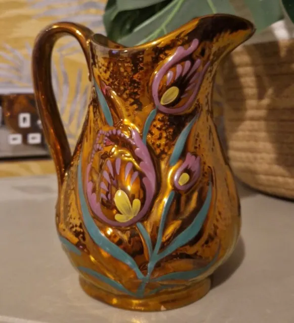Copper Lustre Ware Jug Hand Painted Floral Tulips Antique Pottery 17cm Tall