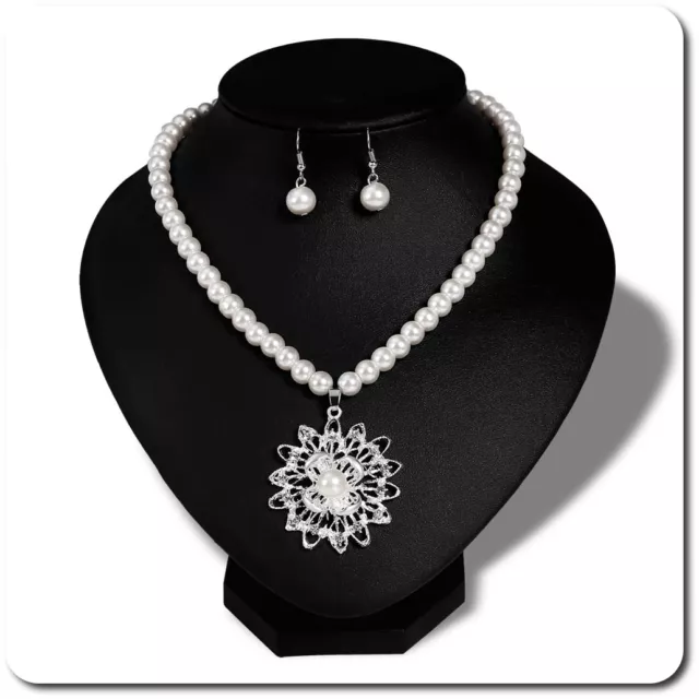 Set 2 Tlg Kette Ohrringe Schmuckset Collier Halskette Perlenkette Blume Strass