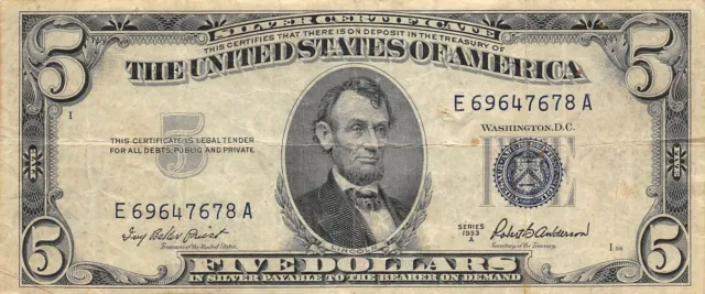 USA / Silver Certificate  $5  Series  1953 A  Circulated Banknote  Jj