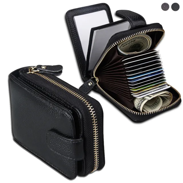 Men Women Wallet Genuine Leather RFID Zip Around Front Pocket Credit Card Holder