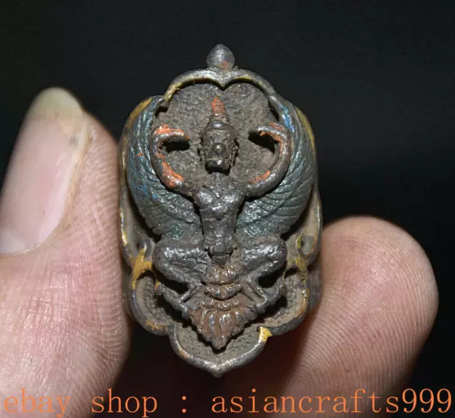1,4" Alte Tibet Bronze Malerei Redpoll Winged Garuda Vogel Adler Buddha Ring