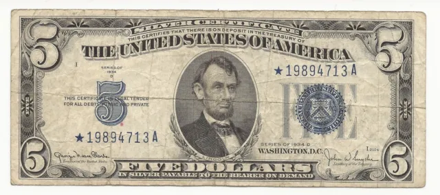 1934-D $5 Dollar Bill Silver Certificate STAR Note 713A-WNM