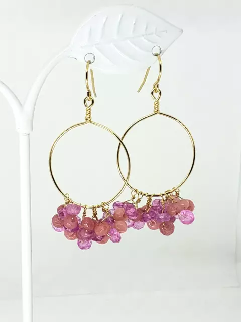 14k Yellow Gold Filled Pink Topaz and Cherry Quartz Hoop Cluster Dangle Earrings