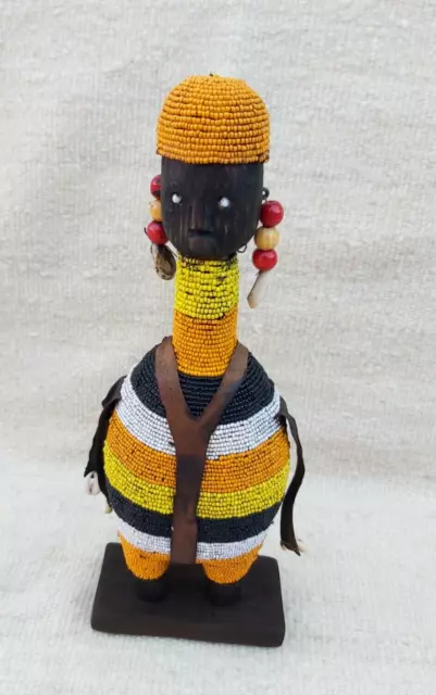 Male African Tribal Statues Hand Carved Wood Art Gabon Beaded Figure