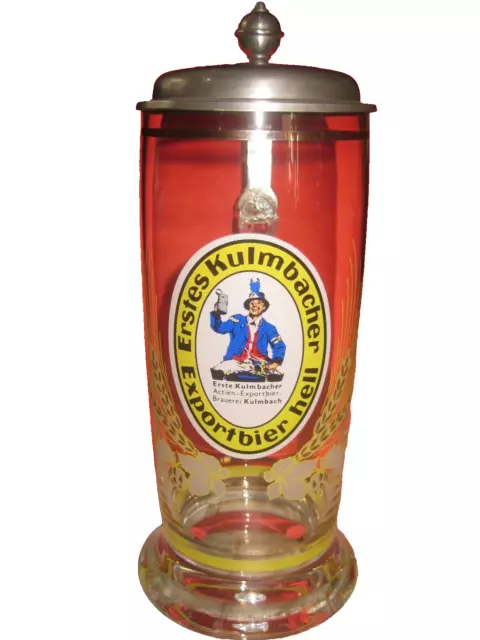 Glasbierkrug mit Zinndeckel EKU Brauerei Exportbier Hell