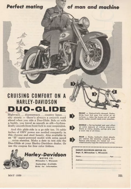 Harley Davidson Duo-Glide Print Ad Original Man and Machine Wisconsin 1959