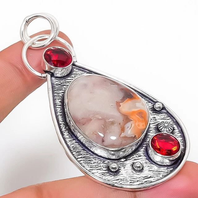 Laguna Lace Agate, Garnet Gemstone 925 Sterling Silver Jewelry Pendant 2.56" d99