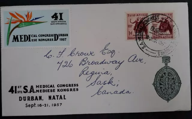 1957 South Africa Medical Congress Durban Cover ties 2 stamps canc Durban