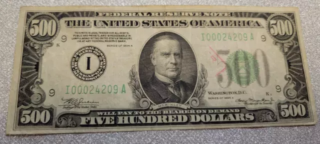 1934A $500 FIVE HUNDRED DOLLAR BILL Minneapolis Federal Reserve~Rare~No Reserve~
