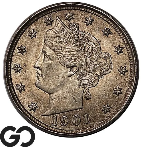 1901 Liberty Nickel, V Nickel, Lustrous Solid Gem BU++ ** Free Shipping!