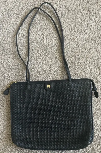Vtg ETIENNE AIGNER Medium Woven Black Leather Shoulder Bag Handbag Purse