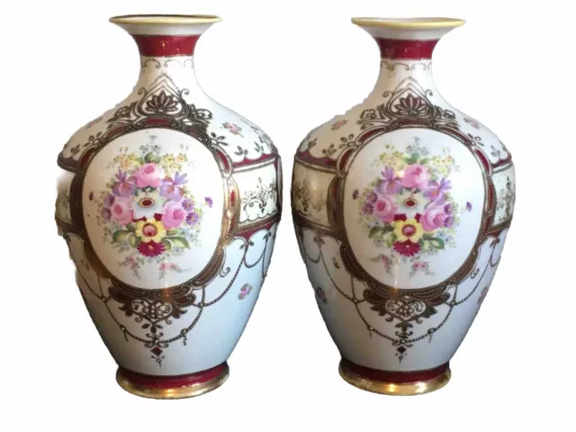 Stunning  Pair Of Antique Japanese Noritake Porcelain Rose Decorated Vases