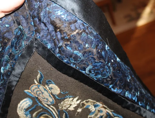 Estate Old Chinese Blue Fine Silk Forbidden Stitch Floral Panel  - AS FOUND 3